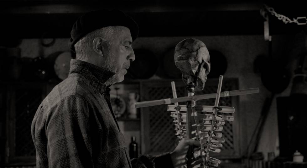 Eusebio Martín toca un instrumento fabricado con cañas y una calavera en su casa de Aldeatejada (Salamanca).