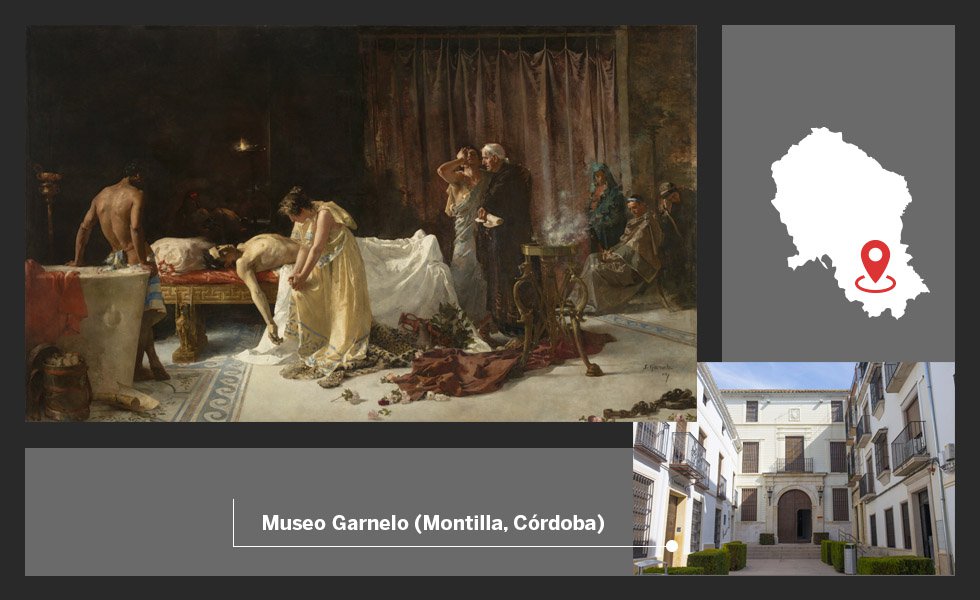 El Prado disperso (o, lo que es lo mismo, el Prado desplegado por todo el territorio español –incluidas las las piezas depositadas en el extranjero ya que, al estar en embajadas o consulados, están en suelo estatal–) llega a lugares como un municipio cordobés de unos 23.000 habitantes, Montilla, donde murió el pintor José Garnelo y Alda y donde todos sus vecinos están volcados con el museo que le homenajea. La obra representa el suicidio, inducido por Nerón, del poeta romano Lucano. La presencia de su esposa y de sus amigos transmite la emoción de la escena. El tratamiento de la anatomía, del color y de la luz hace de esta obra la más importante del artista.