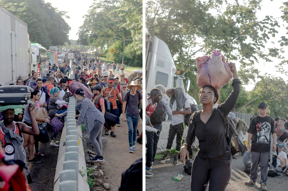 Migrantes, africanos, caribeños y centroamericanos caminan por la Autopista 200 en Chiapas