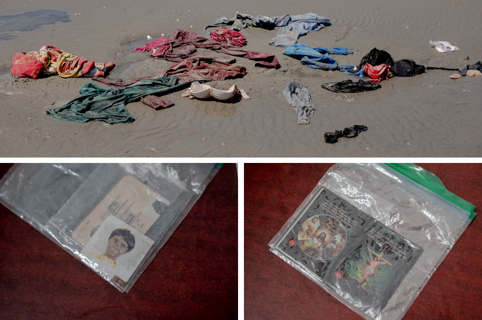 Arriba, los restos del naufragio de Ngu. Abajo, sus pertenencias