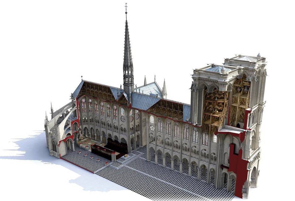 Reconstrucción en 3D de la estructura interior de la catedral de Notre Dame elaborada por la empresa Art Graphique y Patrimoine.